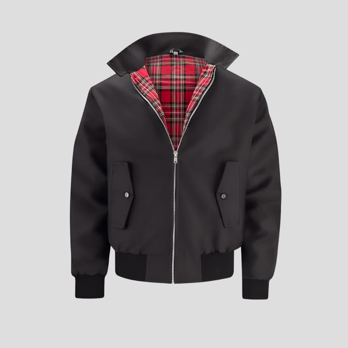 Men's bomber jacket with red plaid lining, structured silhouette and classic checked interior by Wavlynn