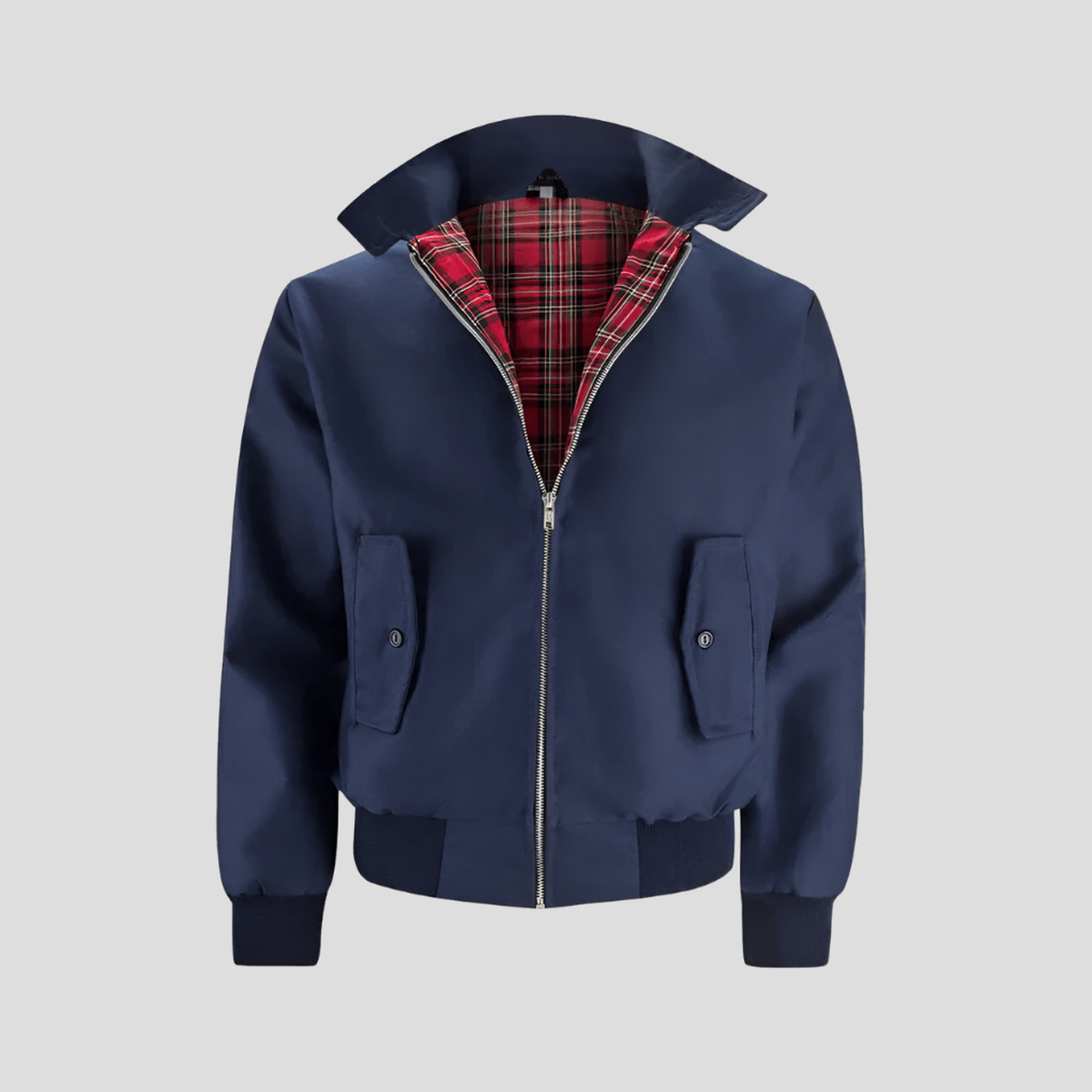 Men's bomber jacket with red plaid lining, structured silhouette, classic checked interior by Wavlynn
