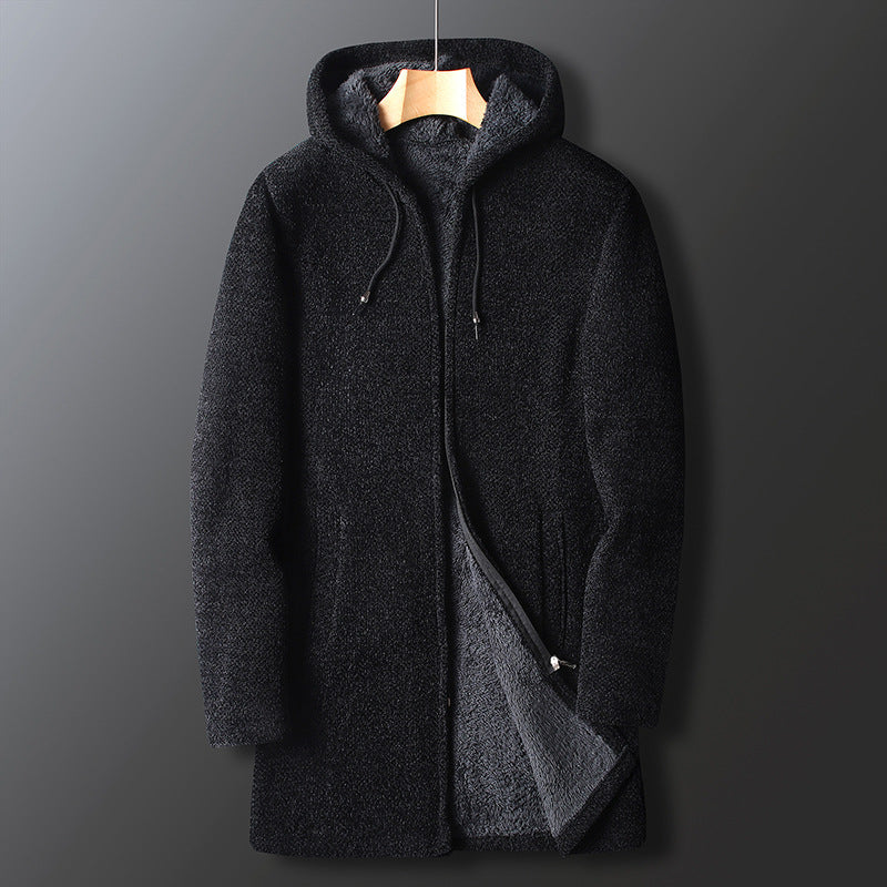 Men's full-length hooded winter coat in classic dark tone, sleek city-ready silhouette with complete coverage