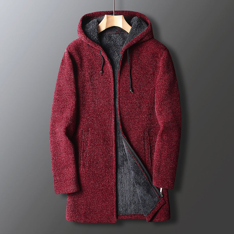 Men's full-length hooded winter coat in neutral tone, slim silhouette with neck-to-hem coverage