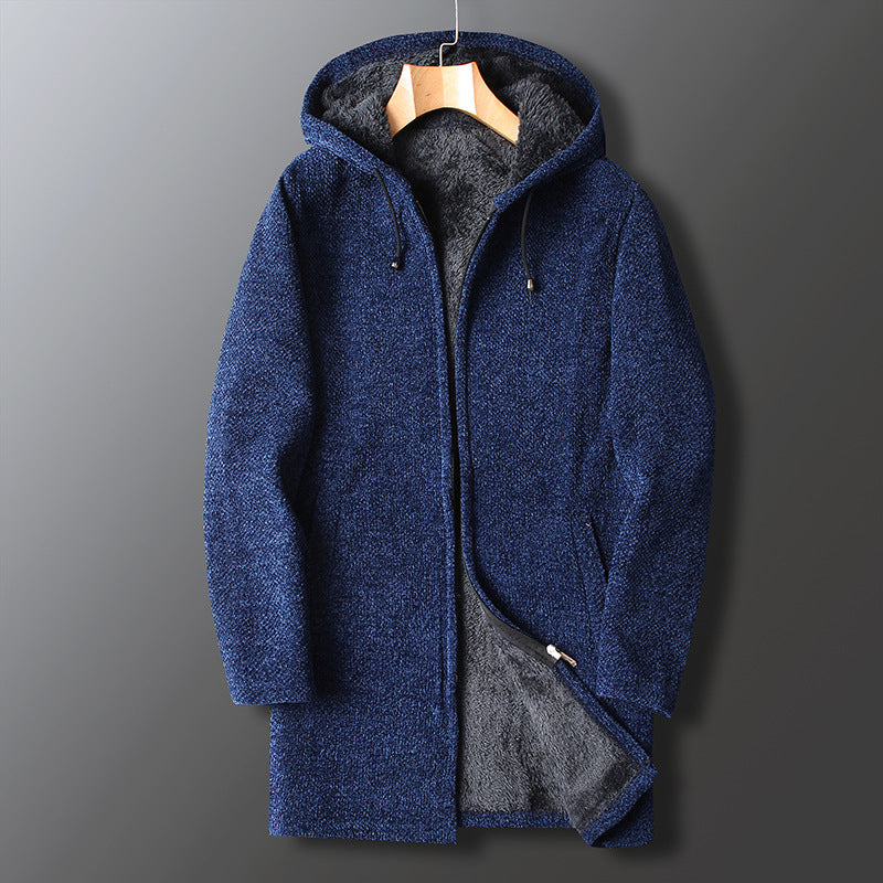 Men's full-length hooded winter coat in neutral tone, sleek city-ready silhouette with complete neck-to-hem coverage