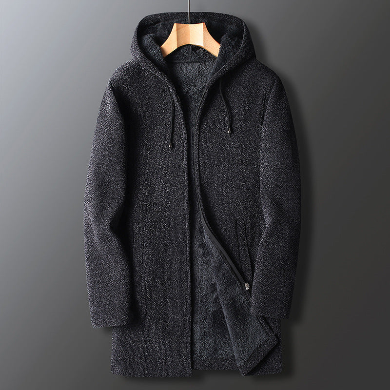 Men's full-length hooded wool coat dark navy slim fit with structured collar winter outerwear