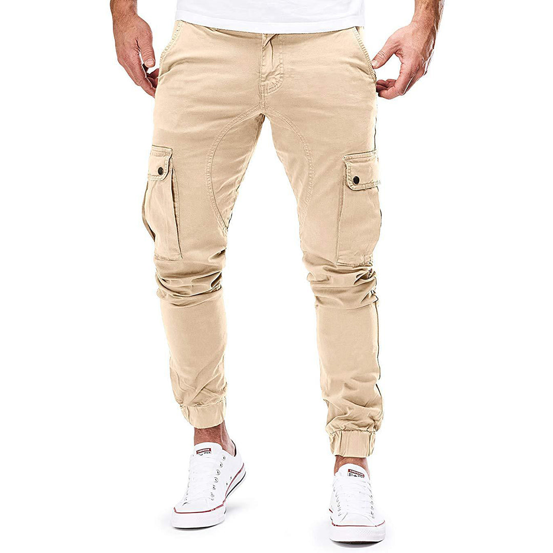 Men's casual cargo trousers relaxed tapered fit with multiple flap cargo pockets for outdoor use