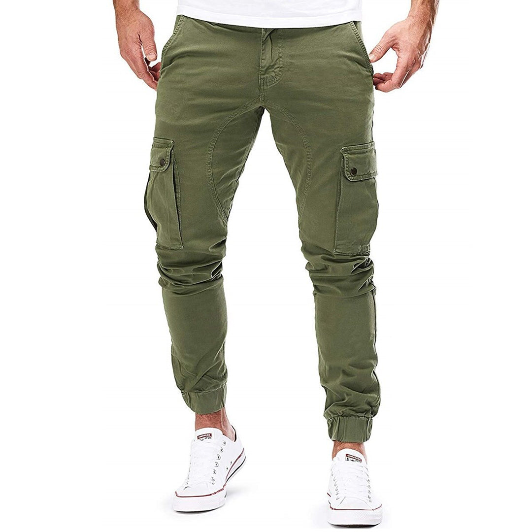 Men's tapered cargo trousers with multiple flap-closure thigh pockets for outdoor casual wear