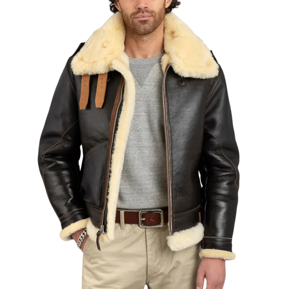 Men's brown B3 faux sheepskin flight jacket with faux shearling lining, aviator style, veg-tanned vegan leather shell