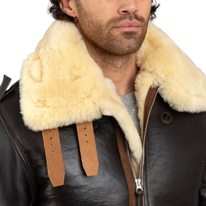 Men's brown B3 faux sheepskin flight jacket with dense Australian faux shearling lining and aviator-style vegan leather shell