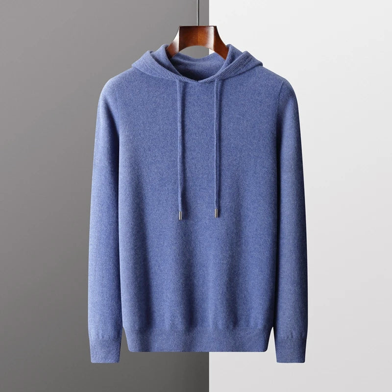 Men's merino wool hoodie with drawstrings, loose-fit silhouette in natural temperature-regulating knit