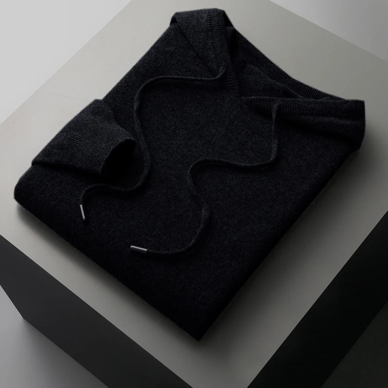 Men's gray merino wool hoodie loose fit with adjustable drawstrings for temperature-regulating warmth