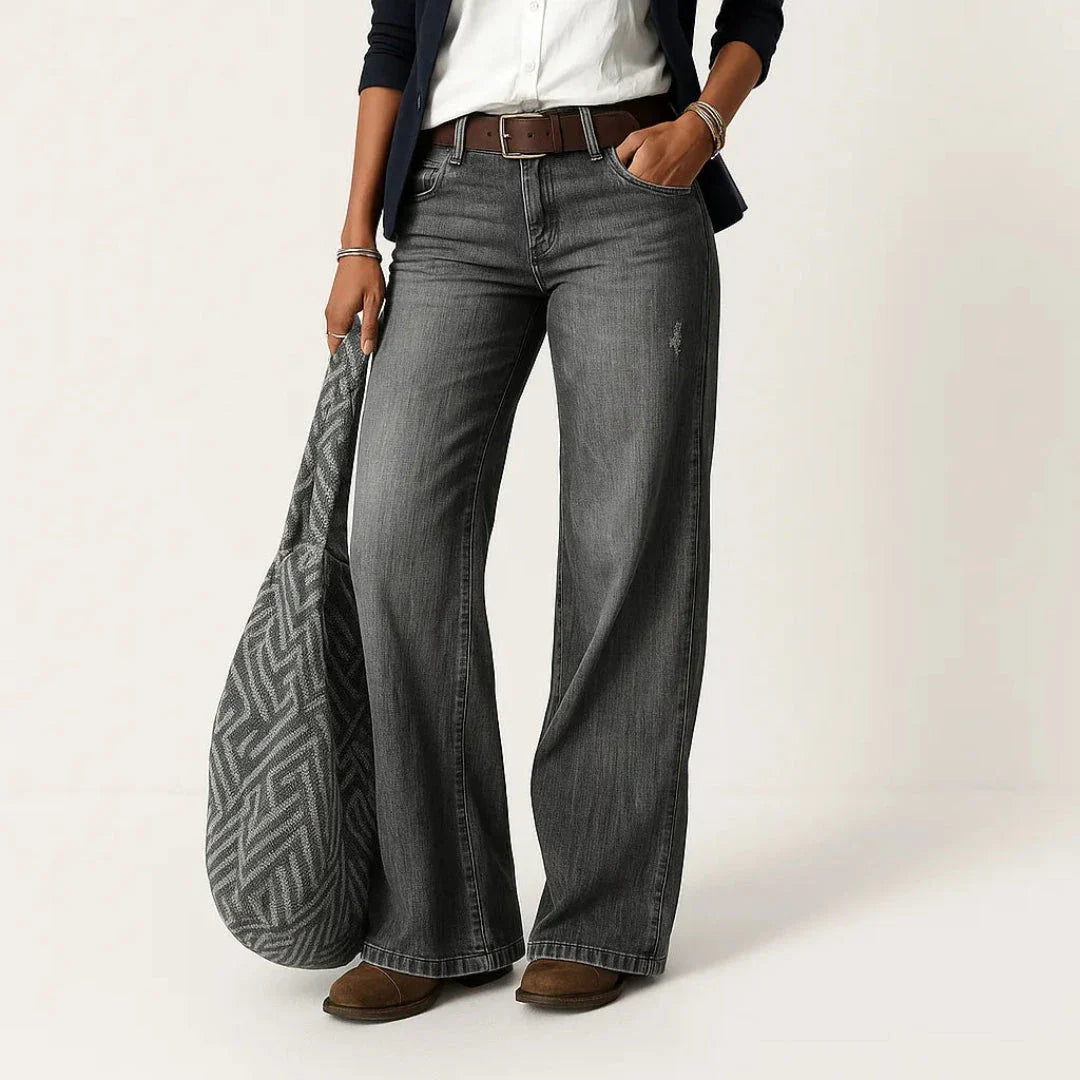 Wavlynn Mica high waisted wide leg jeans in classic blue denim retro-chic relaxed silhouette
