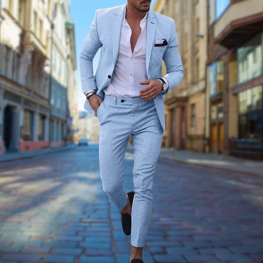 Navy slim-fit two-piece suit sharp tailored jacket and trousers modern cut for weddings and events