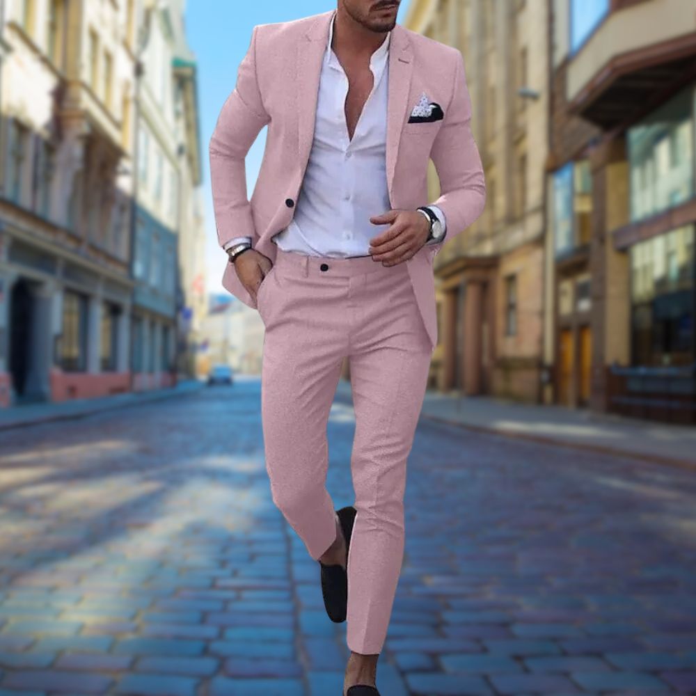 Navy slim fit two-piece suit modern tailored cut breathable fabric ideal for weddings and business events
