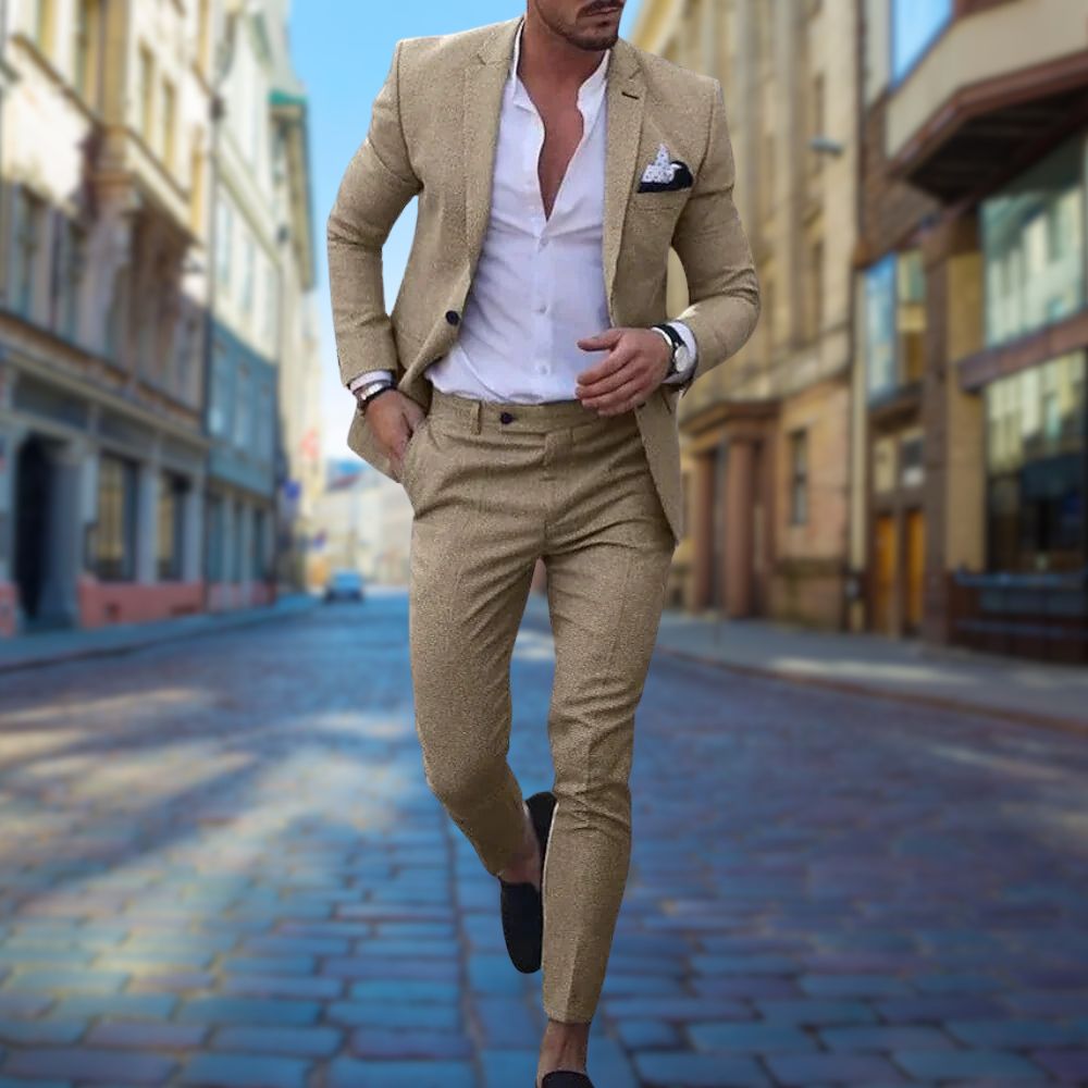 Navy slim fit two-piece suit sharp tailored lapels modern cut for weddings business events nights out