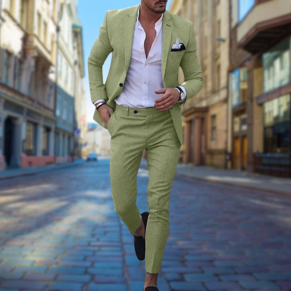 Navy slim fit two-piece suit modern tailored cut breathable fabric perfect for weddings and business events