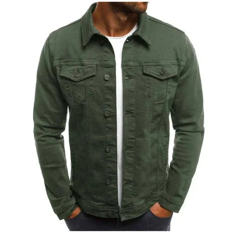 Michael blue denim jacket with button-down closure, classic silhouette, and front flap pockets