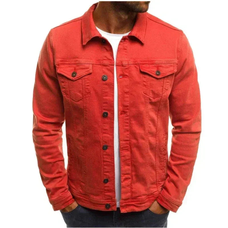 Michael blue denim jacket with button-down closure, front flap pockets, and clean classic silhouette