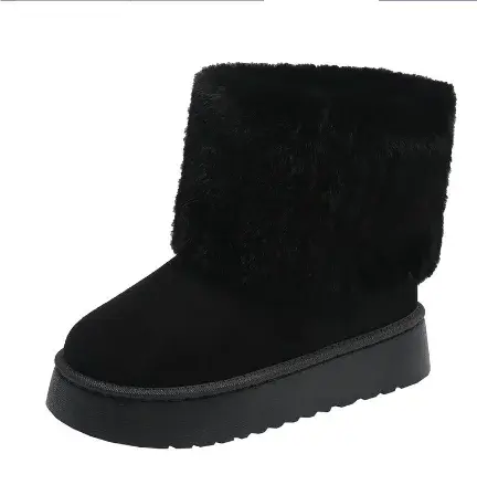 Women's mid-calf snow boots black warm plush lining thick rubber sole winter style