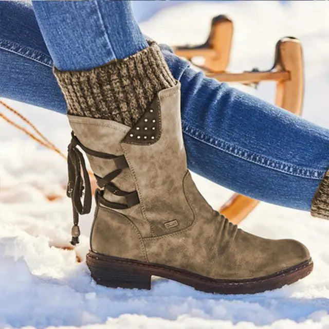 Women's black mid-calf boots with sparkling strass embellishments, stylish winter microfiber design