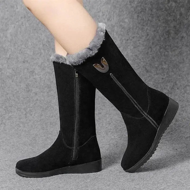 Women's brown suede mid-calf boots minimalist winter style with warm lining for city wear