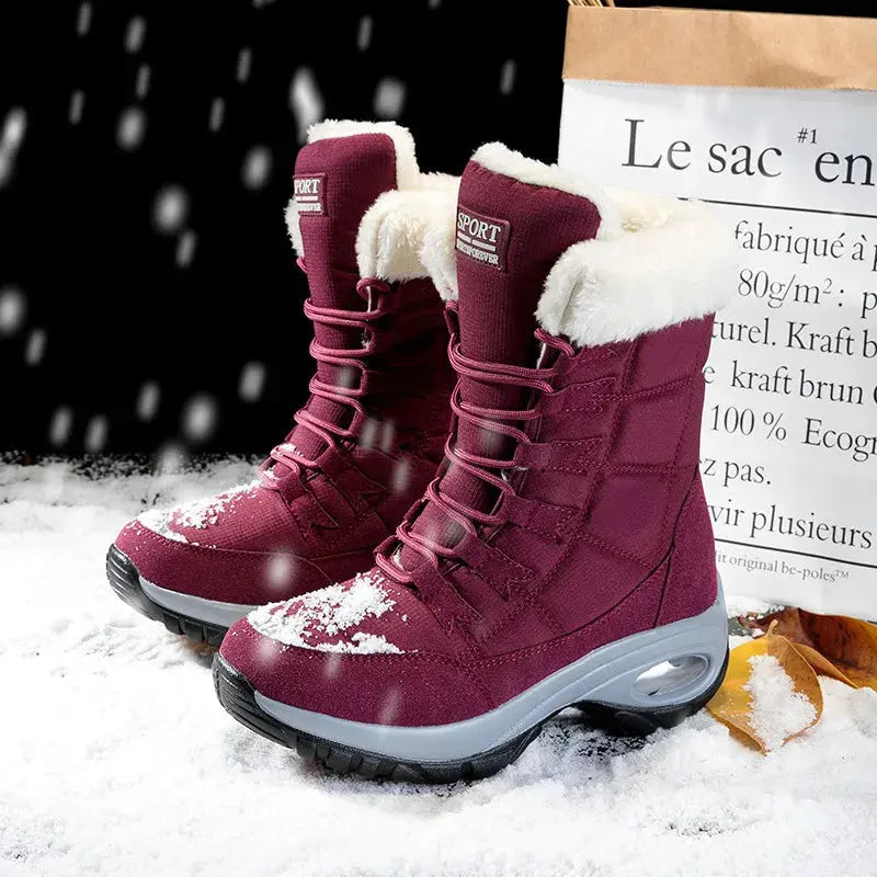 Women's mid-calf waterproof snow boots, cozy plush-lined winter style with slip-resistant sole