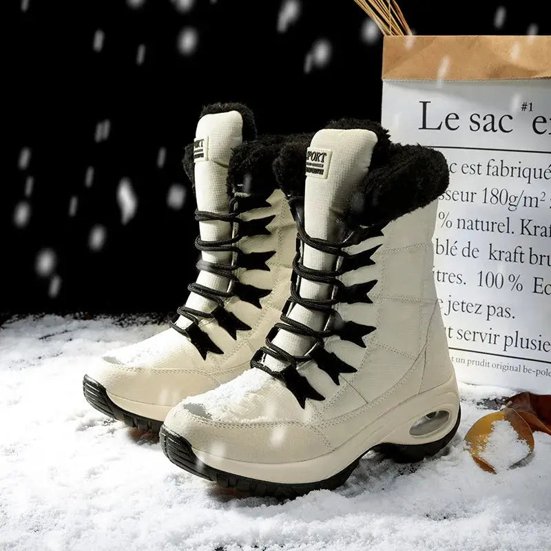 Women's mid-calf waterproof snow boots, cozy plush lining, slip-resistant sole, winter style