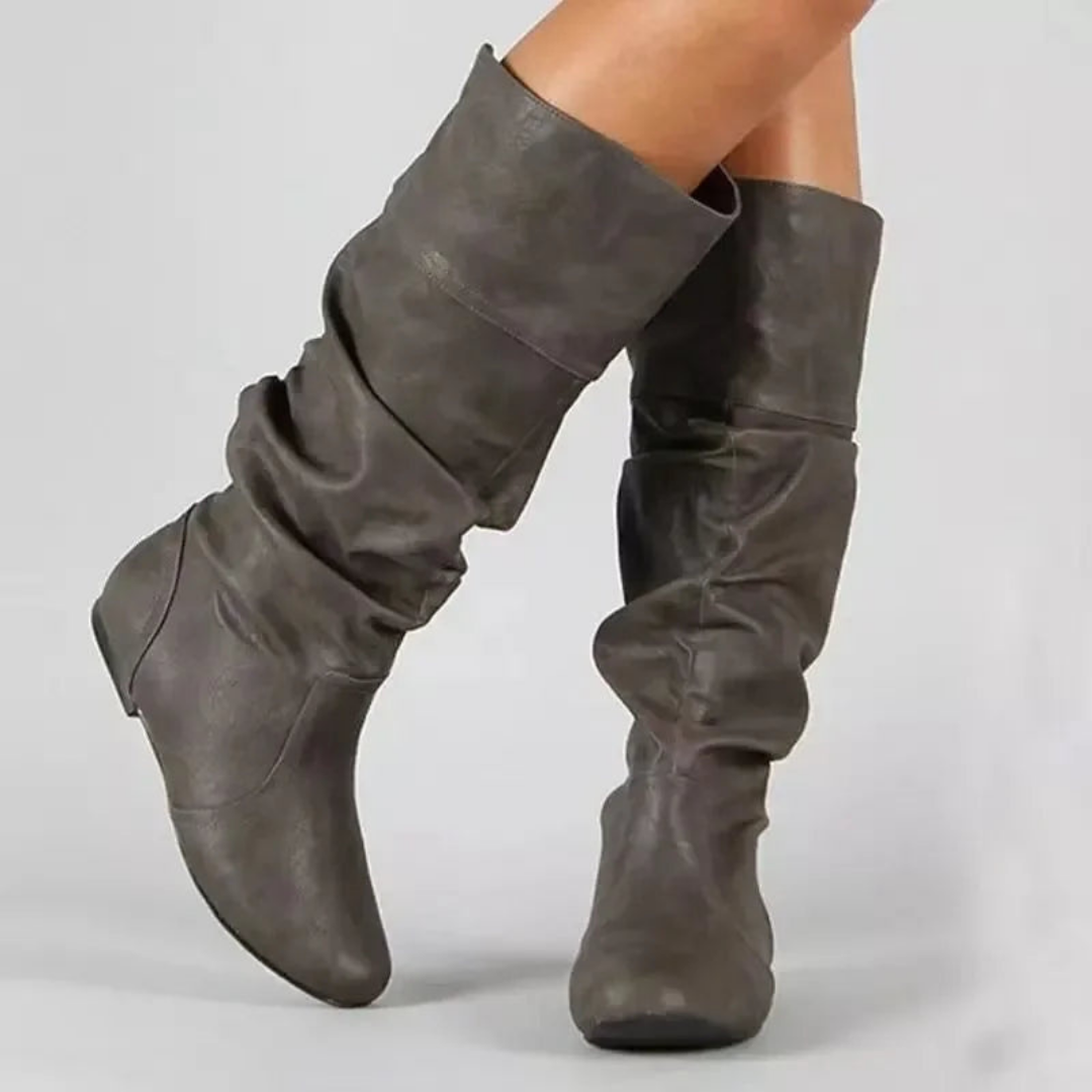 Women's mid-calf pointed-toe cowboy boots in classic brown Western style with premium PU leather upper