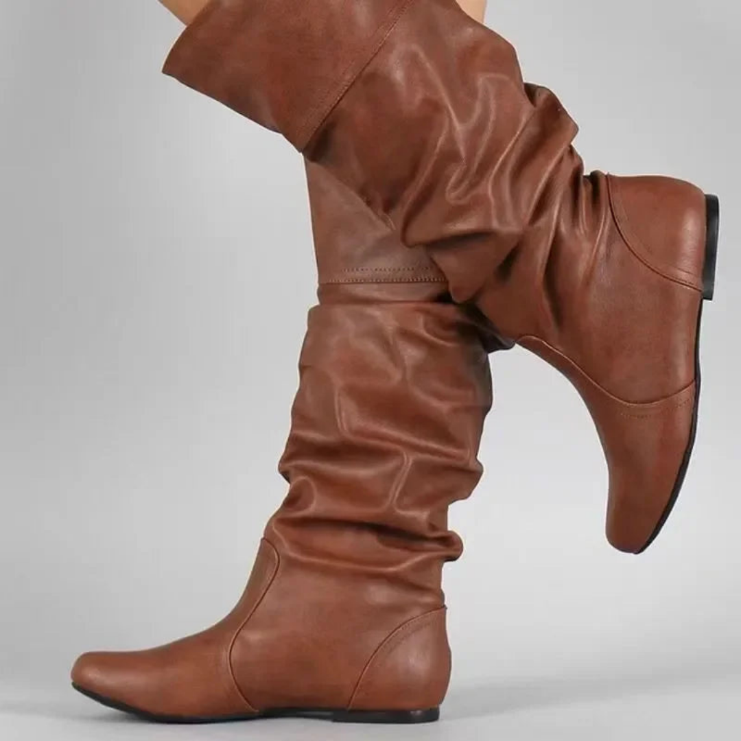 Women's mid-calf pointed toe cowboy boots in classic Western style with premium PU leather upper