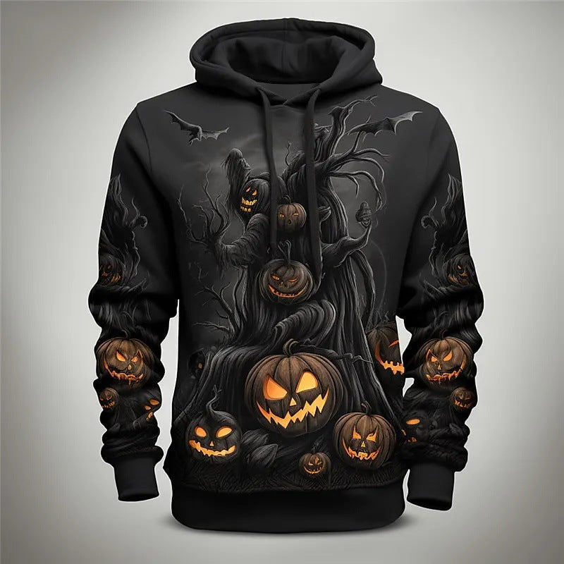 Orange Halloween pumpkin hoodie with embossed 3D pumpkin motifs, cozy cotton-blend pullover for fall