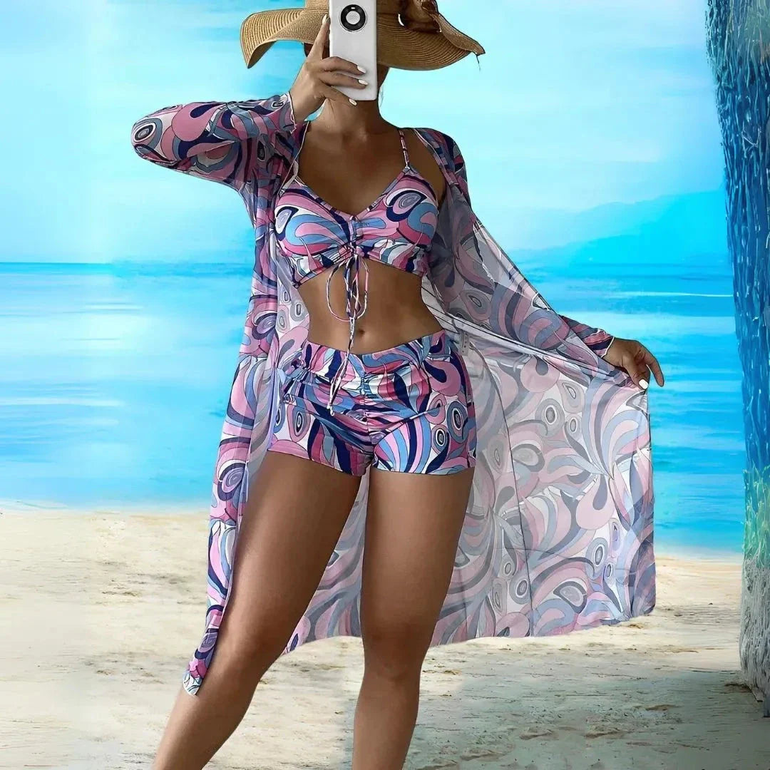Mika retro print 3-piece bikini set with ruched top, high-waisted shorts and sheer longline cover-up