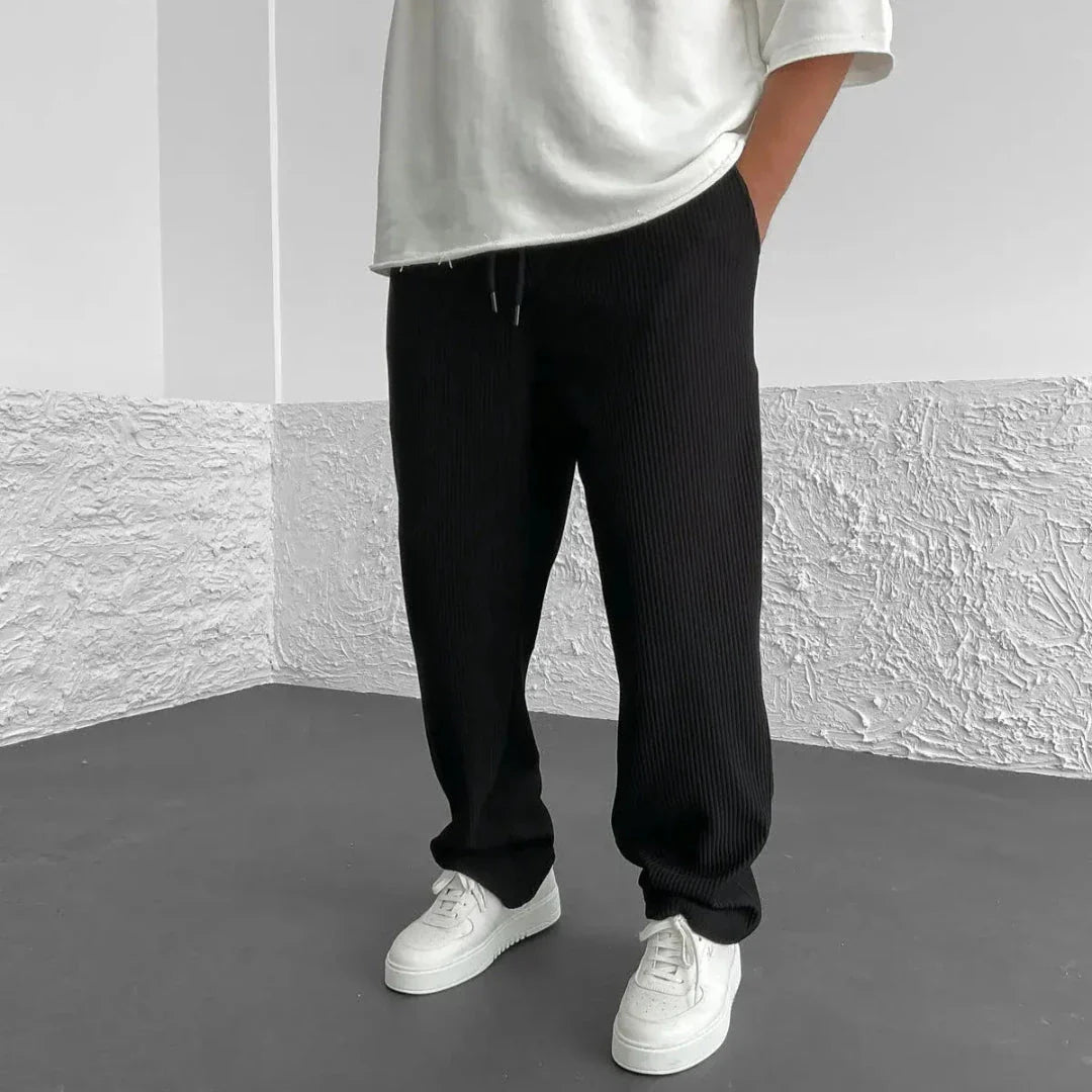 Men's ribbed knit casual pants in neutral tone, straight-leg fit with adjustable drawstring waist