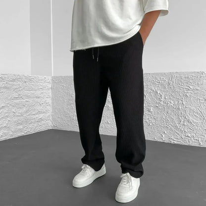 Men's ribbed knit casual pants in neutral tone, straight-leg fit with adjustable drawstring waist