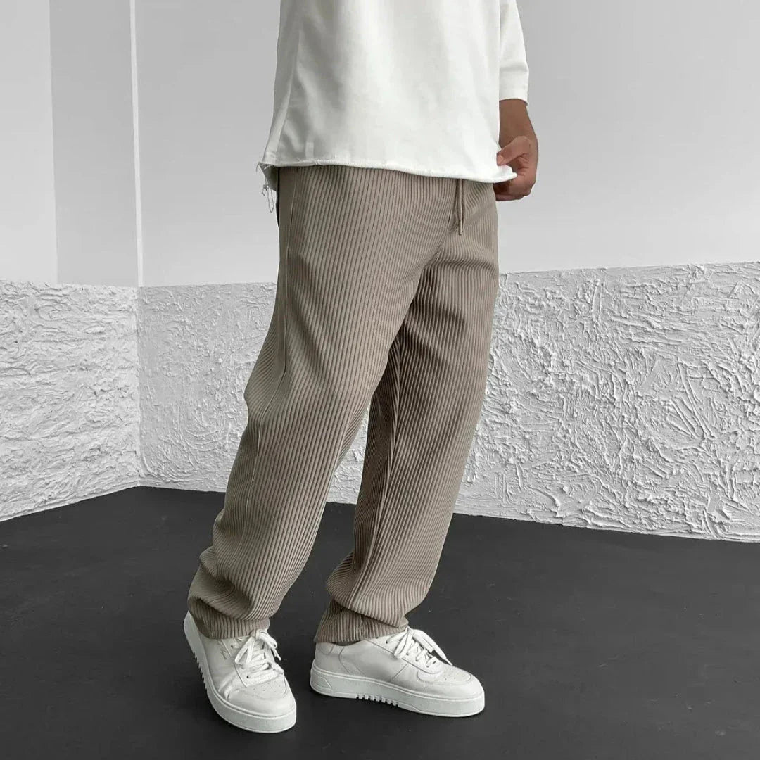 Beige ribbed knit casual straight-leg pants with adjustable drawstring waist for effortless comfort