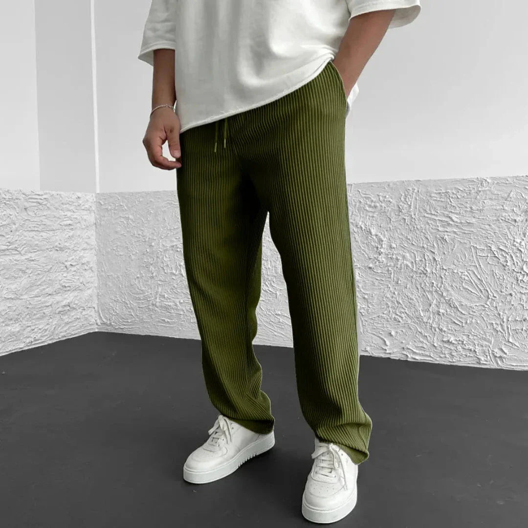 Men's ribbed knit casual pants in neutral tone, straight-leg fit with adjustable drawstring waist