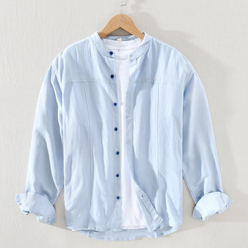 Men's sage green mandarin collar shirt casual fit lightweight breathable cotton long sleeve