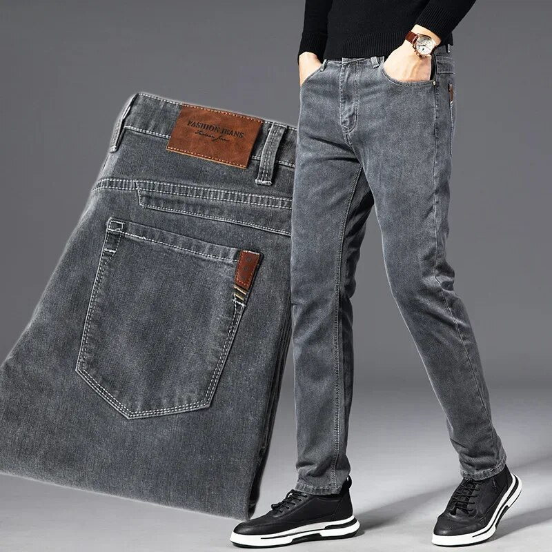 Milano slim tapered grey washed stretch denim jeans with mid-rise cut and classic detailing