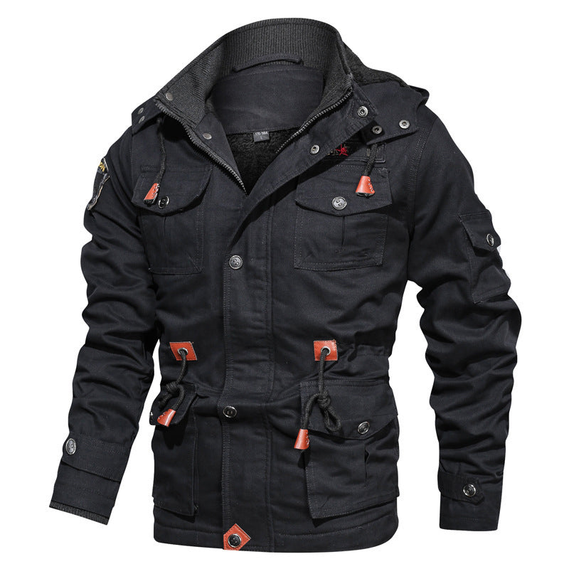 Men's olive military cotton jacket mid-length hooded fleece-lined with multiple utility pockets