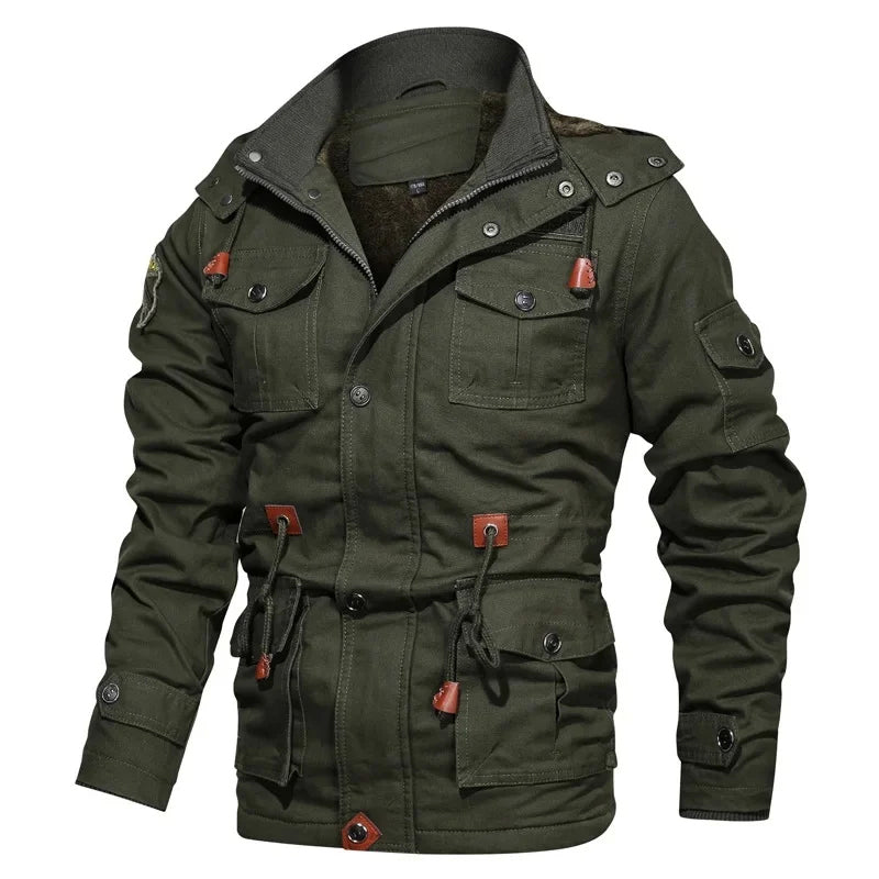 Men's olive military cotton jacket mid-length hooded fleece-lined with multiple utility pockets