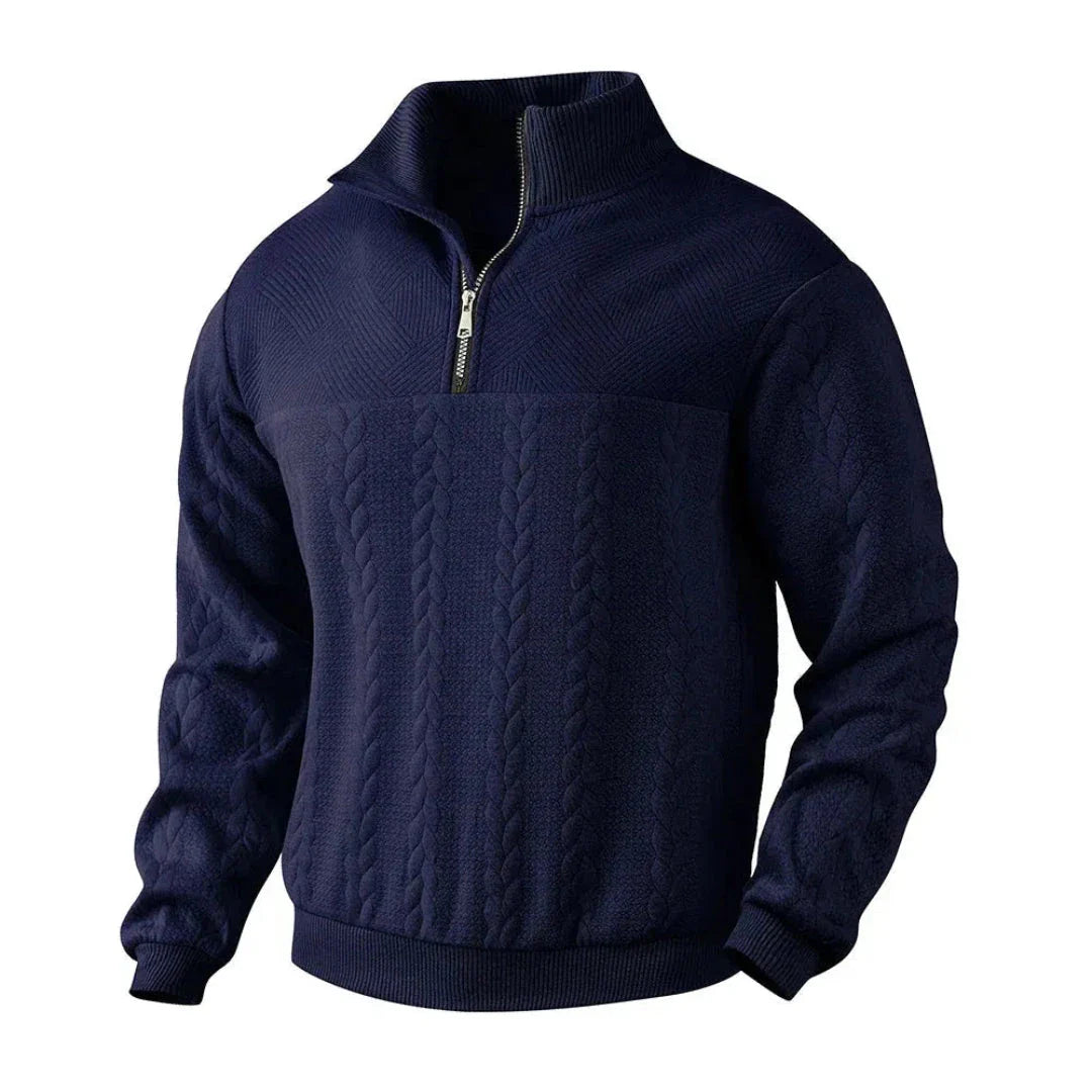 Cream cable knit quarter-zip sweatshirt with soft fleece lining and ribbed cuffs