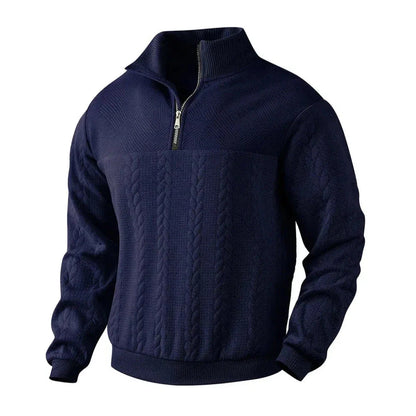Cream cable knit quarter-zip sweatshirt with soft fleece lining and ribbed cuffs