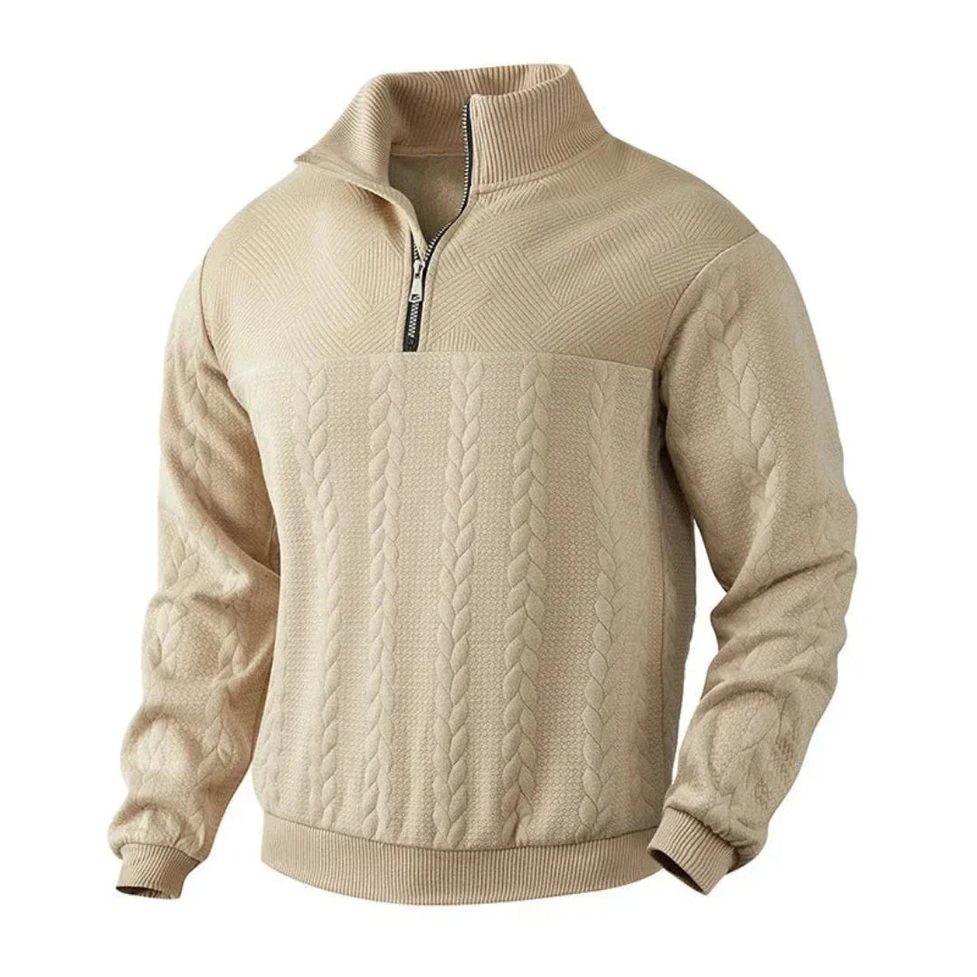 Beige cable knit quarter-zip sweatshirt with soft fleece lining and ribbed cuffs