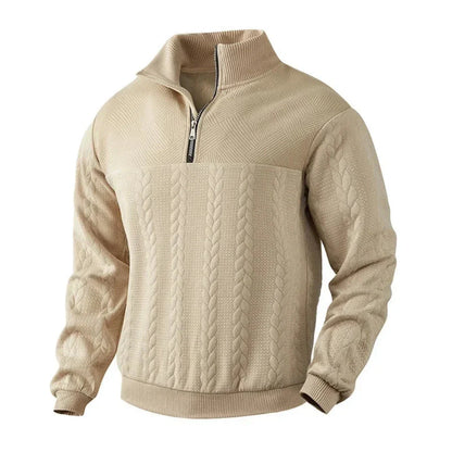 Beige cable knit quarter-zip sweatshirt with soft fleece lining and ribbed cuffs