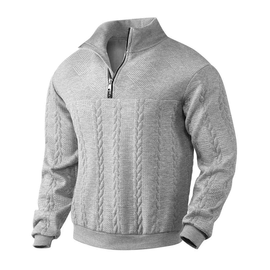Beige cable knit quarter-zip sweatshirt with soft fleece lining and ribbed cuffs