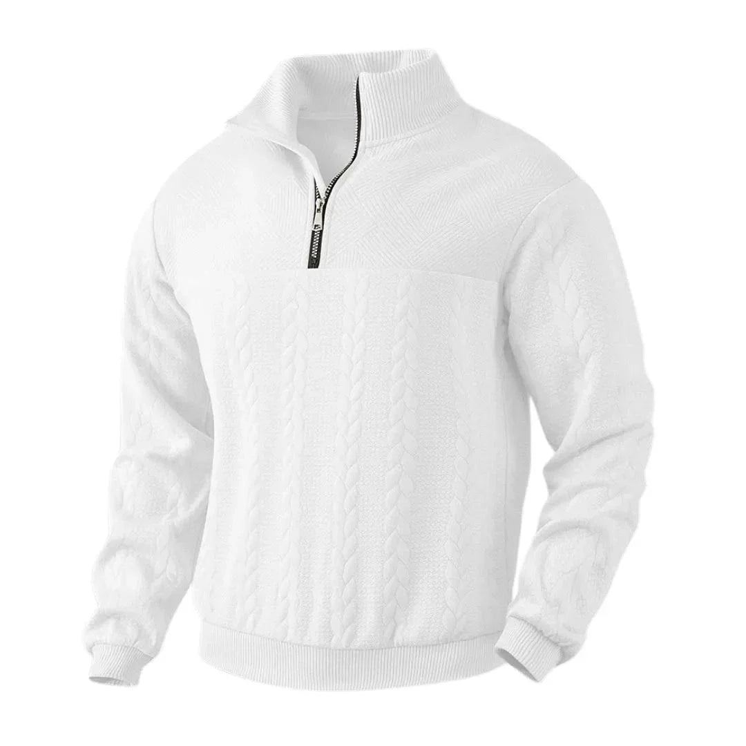 Cream cable knit quarter-zip sweatshirt with fleece lining and ribbed cuffs for cozy layering