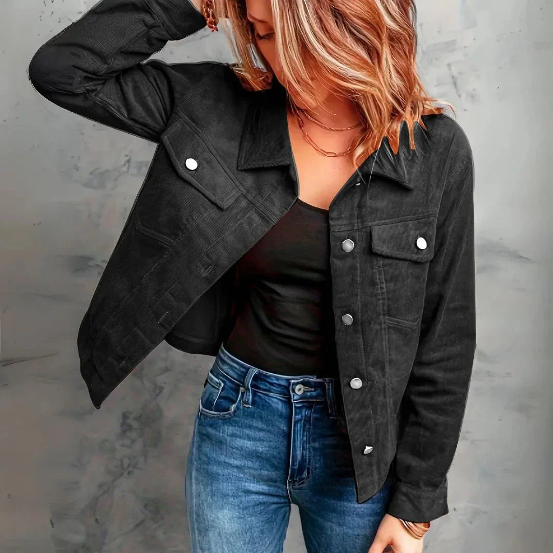Millie women's brown corduroy jacket tailored cut with snap-button closures and chest flap pockets