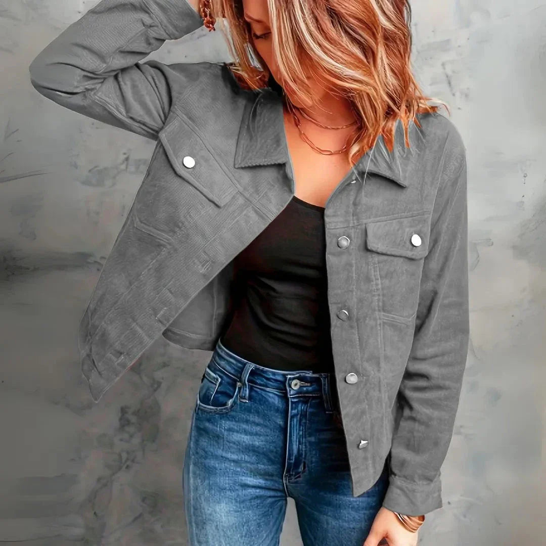 Millie women's brown corduroy jacket tailored cut with snap-button closure and dual chest pockets