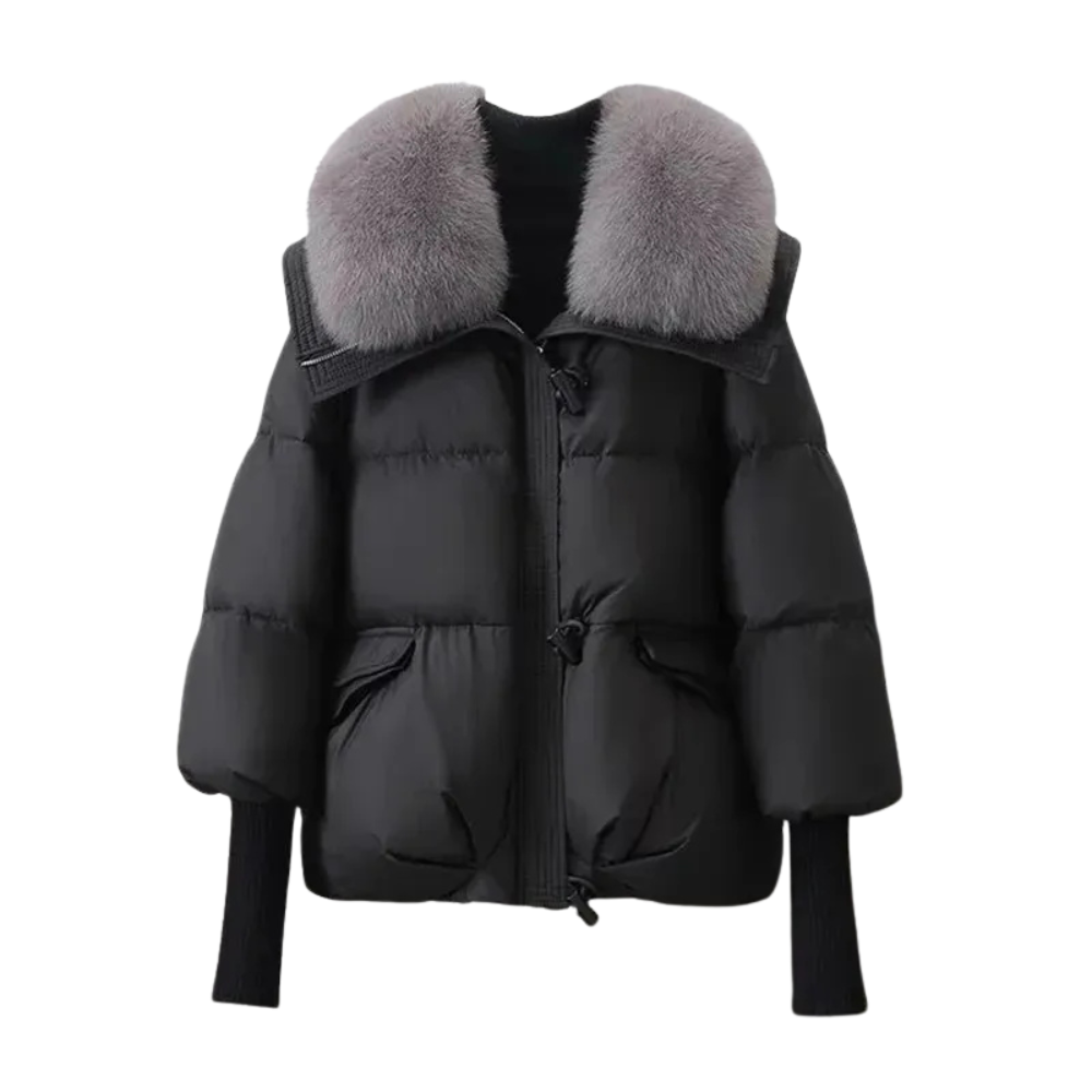 Black quilted puffer jacket with plush faux-fur collar, relaxed fit, and ribbed cuffs