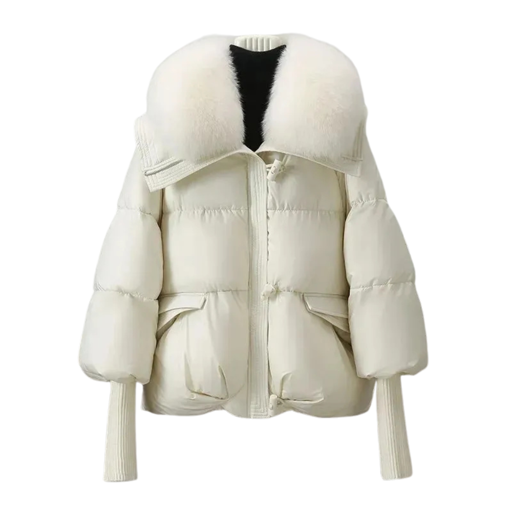 Mirelle black relaxed puffer jacket with plush faux-fur collar, quilted insulation, and ribbed cuffs