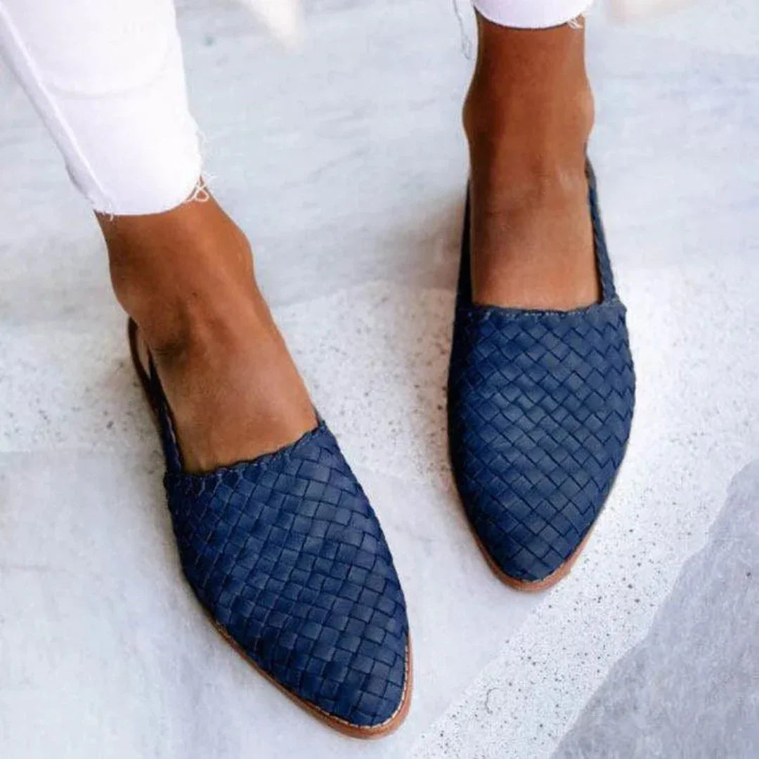 Beige woven slingback pointed-toe flats with breathable PU upper and secure slingback strap