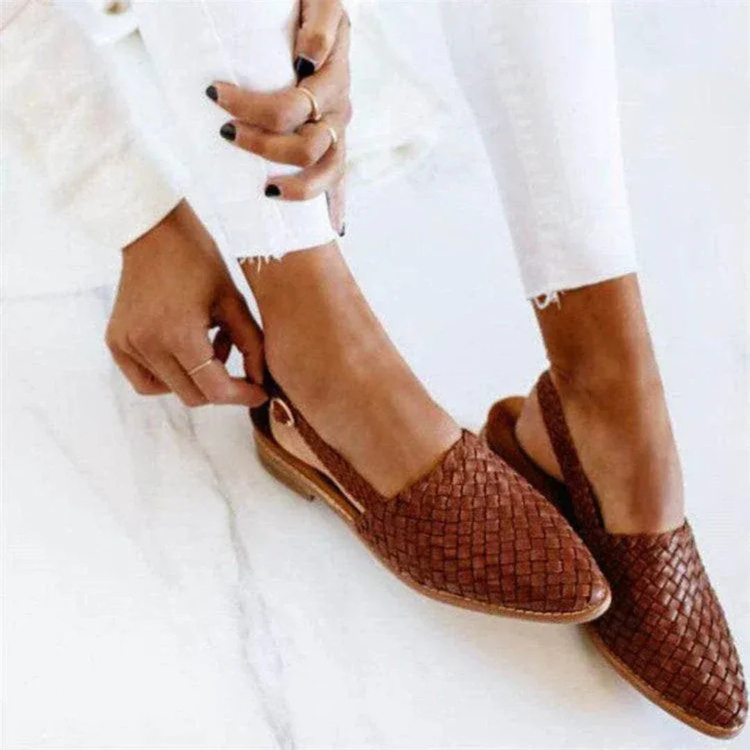 Woven PU slingback pointed-toe flats with breathable texture and secure slingback strap