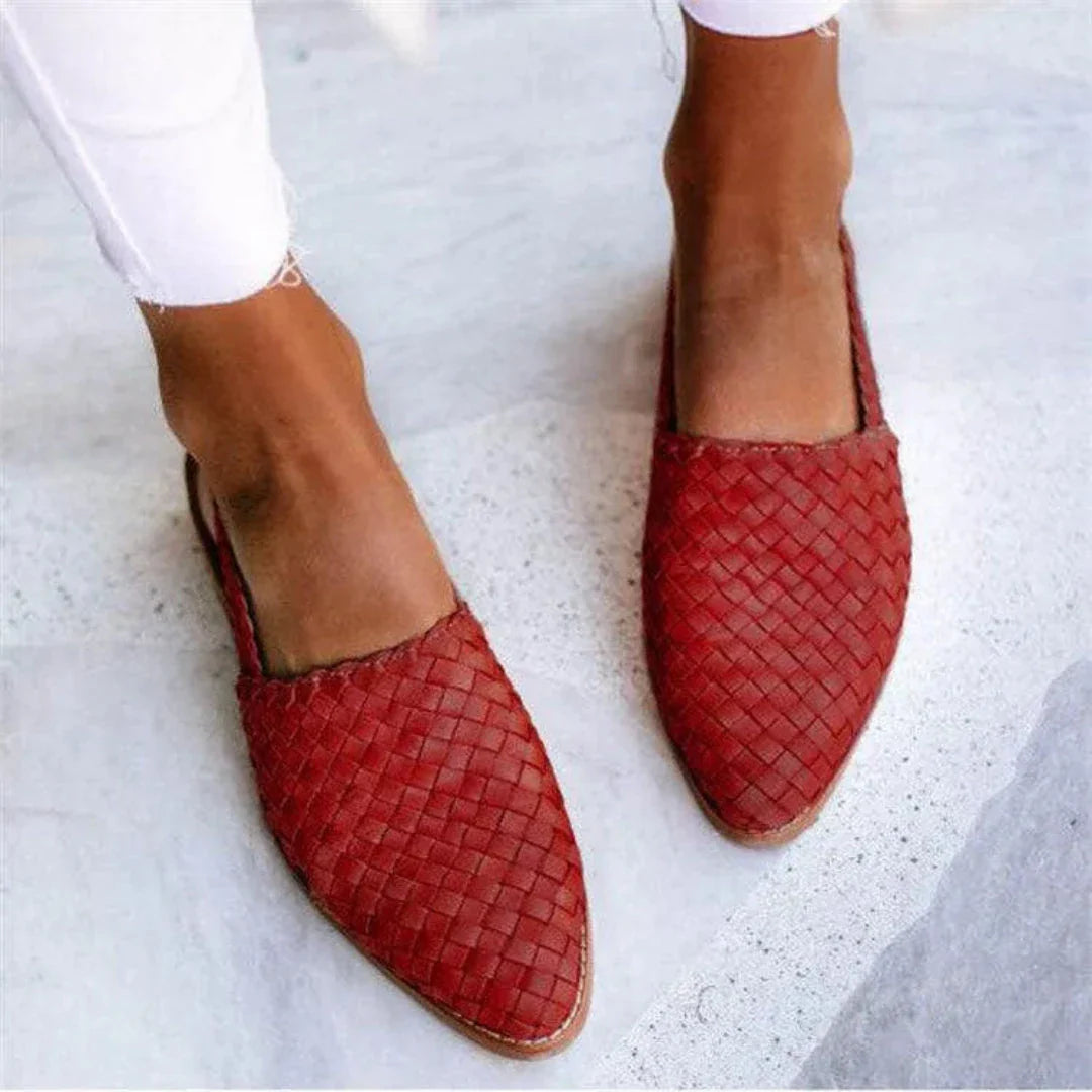 Beige woven slingback pointed-toe flats with breathable PU upper and secure slingback strap