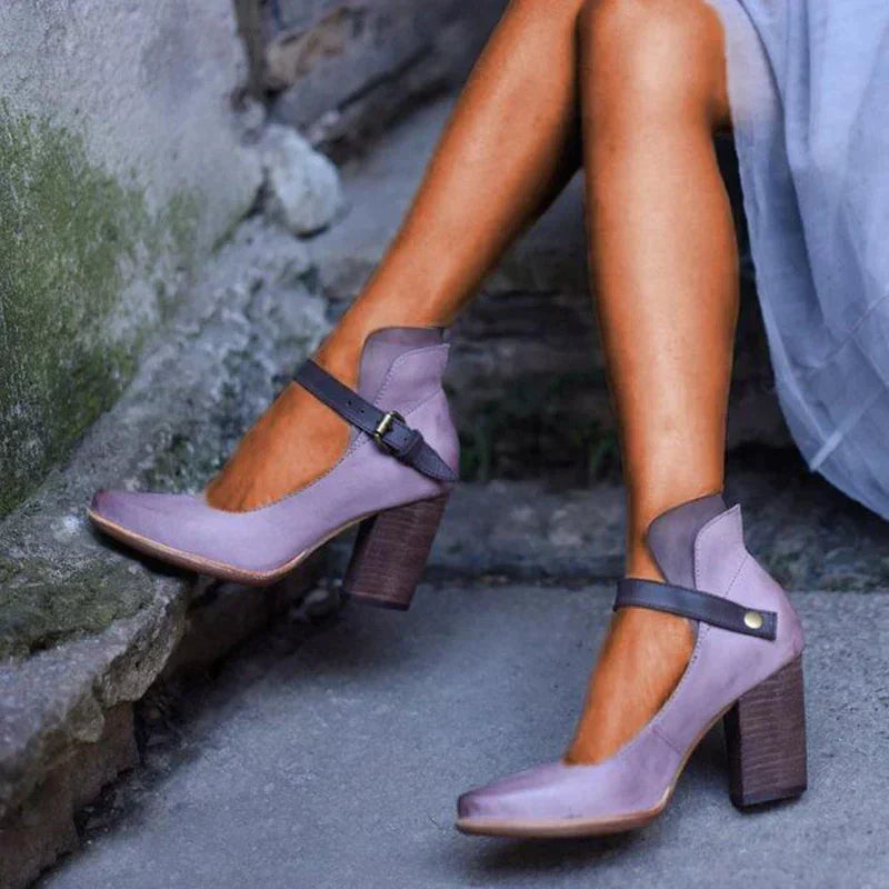 Women's black leather-look block heel Mary Jane pumps with adjustable ankle strap